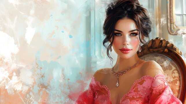 Captivating Coquette:Flirtatious Woman in Fashionable Attire,Radiant Smile,and Pastel Watercolor Backdrop