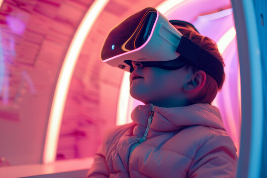 A young child experiences virtual reality with goggles, immersed in a colorful, futuristic setting.