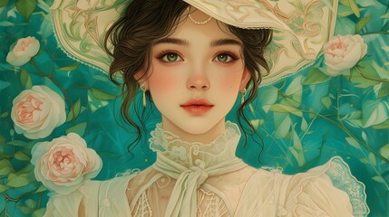 Flirtatious Coquette in Stylish Regency-Inspired Attire Amid Lush Floral Garden Backdrop