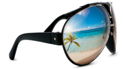 Stylish aviator sunglasses reflecting a tropical beach isolated on white