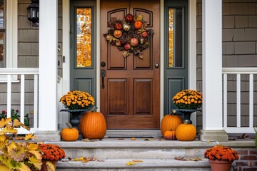 Obraz premium A welcoming porch decorated with pumpkins, mums, and a fall wreath on the door.