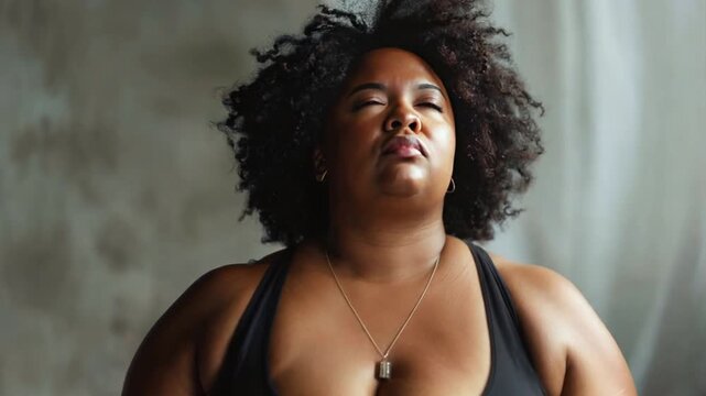 A serene image of a plus-size woman practicing yoga, her body in perfect harmony with her breath.