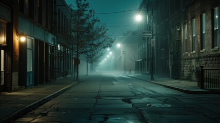Fototapeta premium An empty street background featuring a quiet, deserted urban street with dim streetlights and subtle fog, creating a mysterious and contemplative atmosphere, perfect for themes related to solitude,