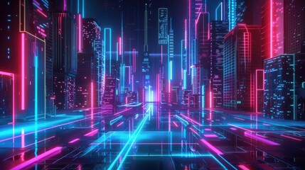 Fototapeta premium A cool background with a futuristic cityscape, neon lights, and sleek, modern architecture, creating a vibrant and dynamic scene, perfect for tech-related themes, sci-fi projects, and contemporary