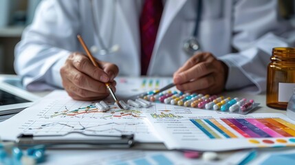 watercolor style, Pharmacist strategizing investment plans with watercolor charts, pharmaceutical finance