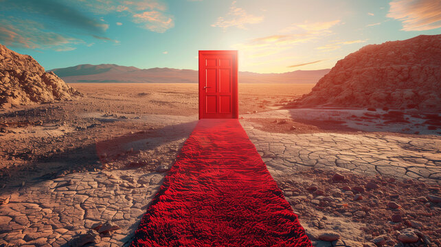 Red door opens with sunlight in the desert