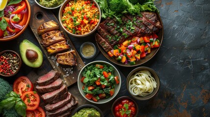 A delicious and healthy grilled meat salad with fresh vegetables. Healthy plant based low carb meal table scene. Cauliflower flatbread and steak, vegetable noodles, kale salads