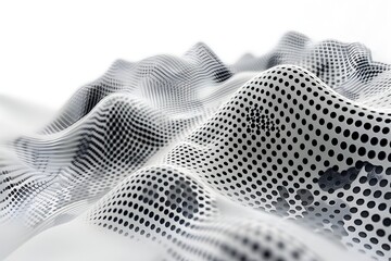 Abstract black dots in a wavy pattern on a white background, technology design vector illustration. Abstract futuristic landscape with moving particles. Digital mesh wave in the air