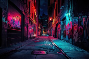 A colorful alley at night featuring vibrant graffiti on brick walls with glowing neon lights.