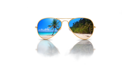 Stylish aviator sunglasses reflecting a tropical beach isolated on white
