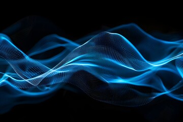 Abstract blue sound wave with particles on black background, digital technology concept of music and audio