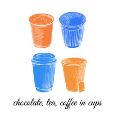 Vector hand drawn paper cups with beverages such as tea, coffee, cappuccino. Heart on a foam. Drinks assets ready to use and easy to edit. Orange and blue flat fill in separate groups.