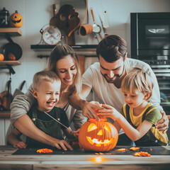 Fototapeta premium Young family is having fun while carving a pumpkin for halloween in their kitchen