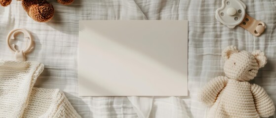 A flat lay of a new baby announcement with a blank card