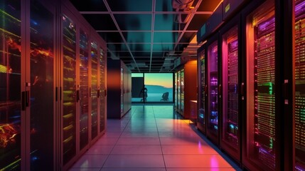 Server Room with Colorful Lights