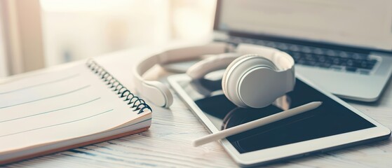 A flat lay of digital education tools like a tablet