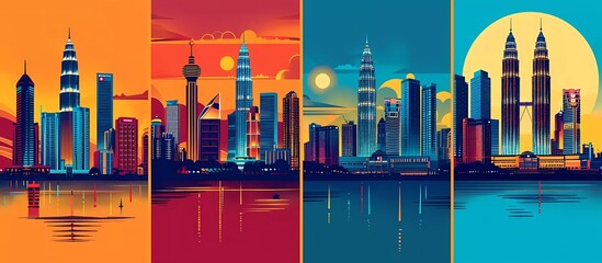 Obraz premium 4 designs of retro poster with kuala lumpur skyline, vector illustration
