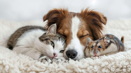 Cat, dog and hamster lying on a round fluffy pet bed. Animal furniture shop.