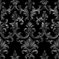 Seamless pattern of baroque scrollwork on black background