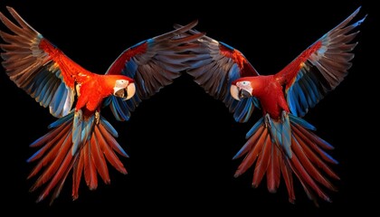 Two red parrots, isolated on black background. Bright red and blue south american parrots, Ara macao, Scarlet Macaw, flying with outstretched wings, wild amazonian bird.