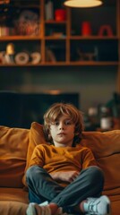 Obraz premium A boy in a yellow shirt sits on a brown couch with a bookcase next to him. The room is cozy with a TV, perfect for relaxation.