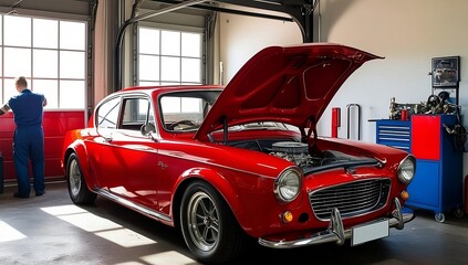Retro vintage automobile or car with open hood parked in a garage nobody inside for engine repair service indoors, mechanic workshop created with generative ai
