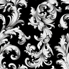 Seamless pattern of baroque scrollwork on black background