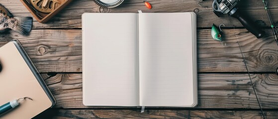 A top view of a fishing trip arrangement with a blank journal