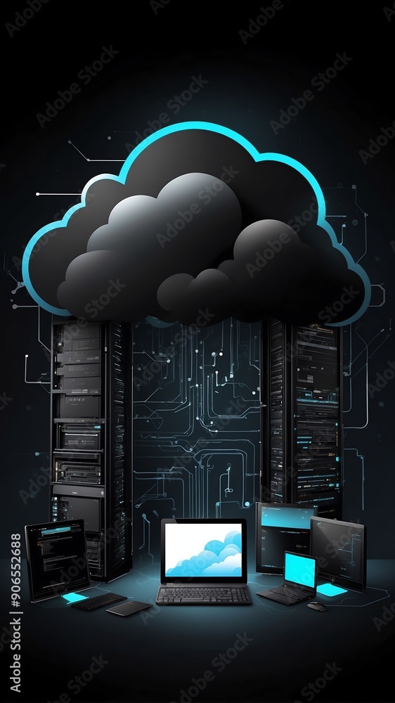 Poster black theme cloud computing infrastructure concept tec technology abstract background with copy spac