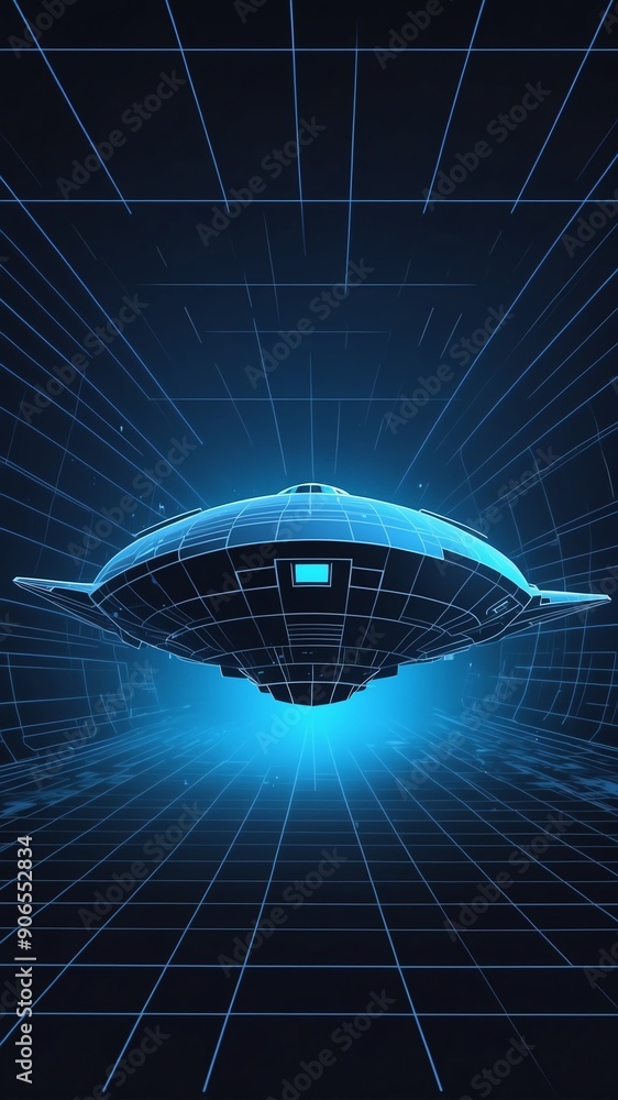 Poster blue hologram space ship projection grid technology abstract background with copy space