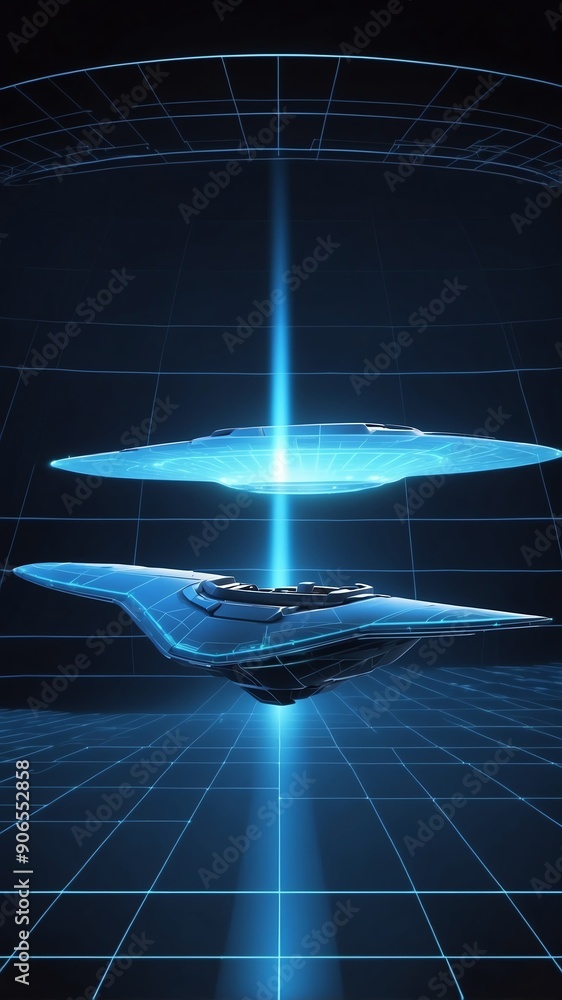 Poster blue hologram space ship projection grid technology abstract background with copy space