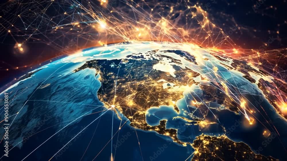 Poster a satellite view of earth with interconnected lines representing the flow of goods, information, and