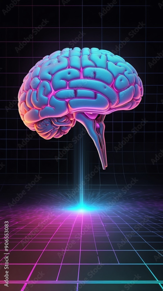 Poster colorful hologram brain projection grid technology abstract background with copy space