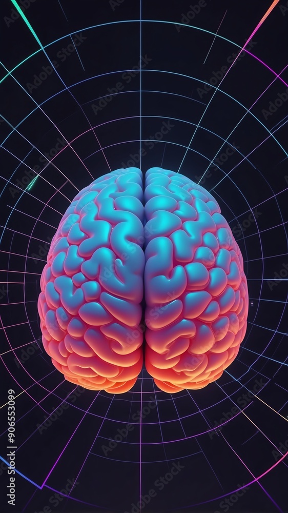 Poster colorful hologram brain projection grid technology abstract background with copy space