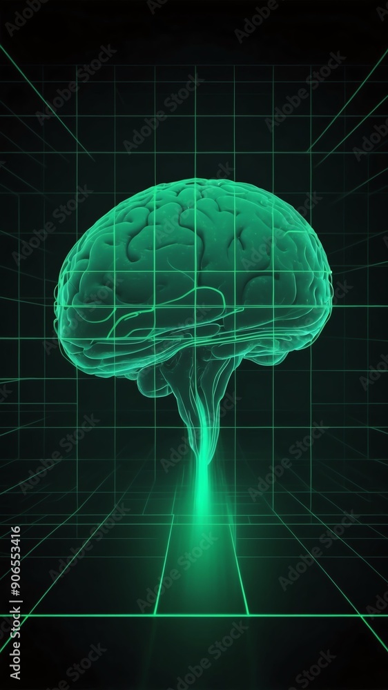 Poster green hologram brain projection grid technology abstract background with copy space