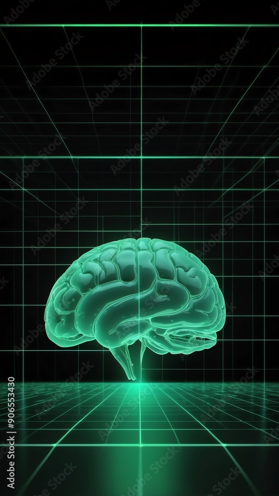 Poster green hologram brain projection grid technology abstract background with copy space