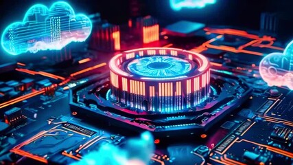 A futuristic cyber city at night, holographic neon clouds hovering over a colossal stadium with glowing geometric patterns, flying cars whizzing by on illuminated highways - Powered by Adobe