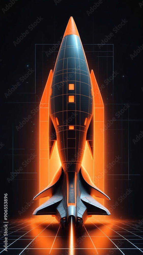 Poster orange hologram space ship projection grid technology abstract background with copy space