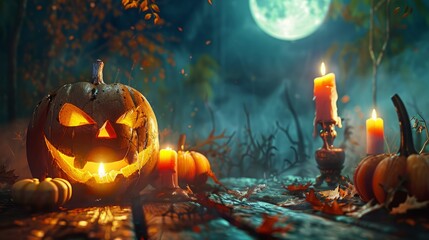 Obraz premium A carved jack-o'-lantern glows amidst spooky Halloween decorations.