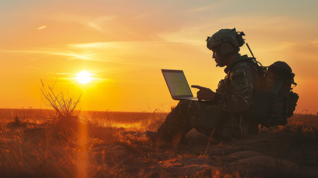 A soldier is sitting on the ground in a field, looking at a laptop