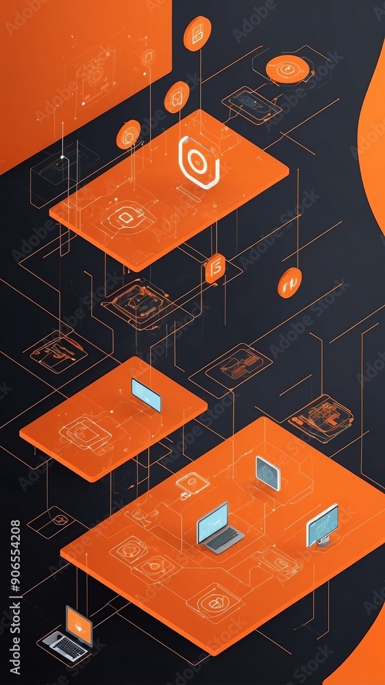 Poster orange theme internet of things iot diagram technology abstract background with copy space