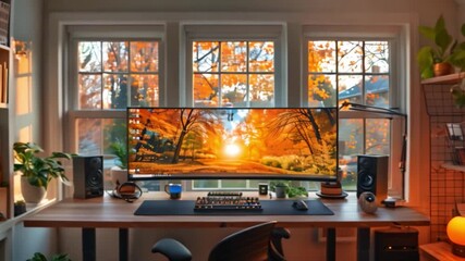A high school student's home office with a dual monitor setup. The monitors display a fall foliage scene. Natural light streams through the large windows. - Powered by Adobe