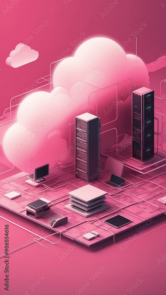 Poster pink theme cloud computing infrastructure concept tech technology abstract background with copy spac