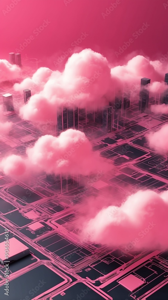 Poster pink theme cloud computing infrastructure concept tech technology abstract background with copy spac