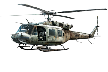 A helicopter isolated on a white background, featuring its rotor blades and versatile design for various missions.