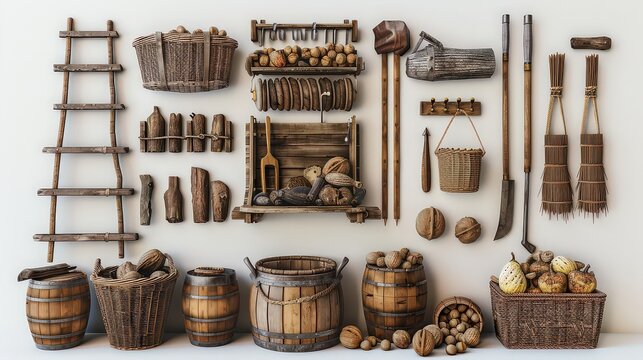 collection of rustic, traditional wooden barrels, baskets, and tools, neatly arranged against a white wall, representing wine-making history and craftsmanship.