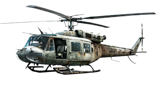 A helicopter isolated on a white background, featuring its rotor blades and versatile design for various missions.