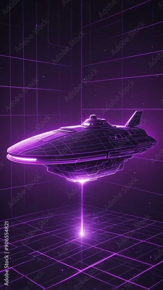 Poster purple hologram space ship projection grid technology abstract background with copy space