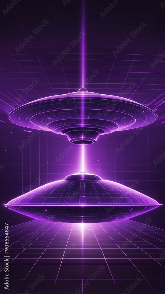 Poster purple hologram space ship projection grid technology abstract background with copy space