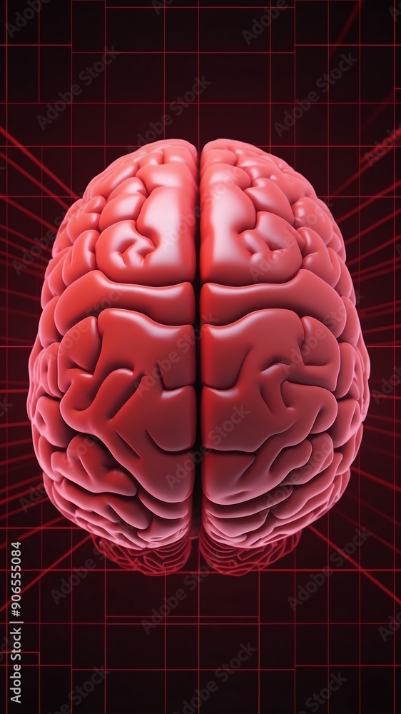 Poster red hologram brain projection grid technology abstract background with copy space